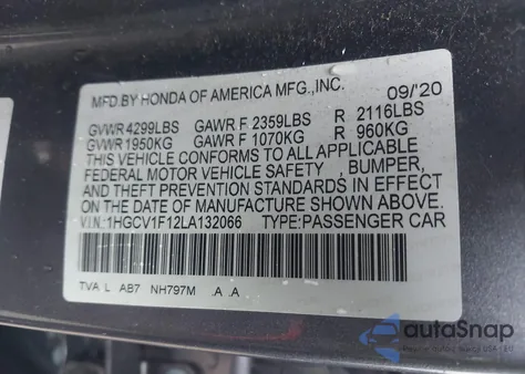 2020 Honda Accord Lx из США, поврежденный, VIN 1HGCV1F12LA132066